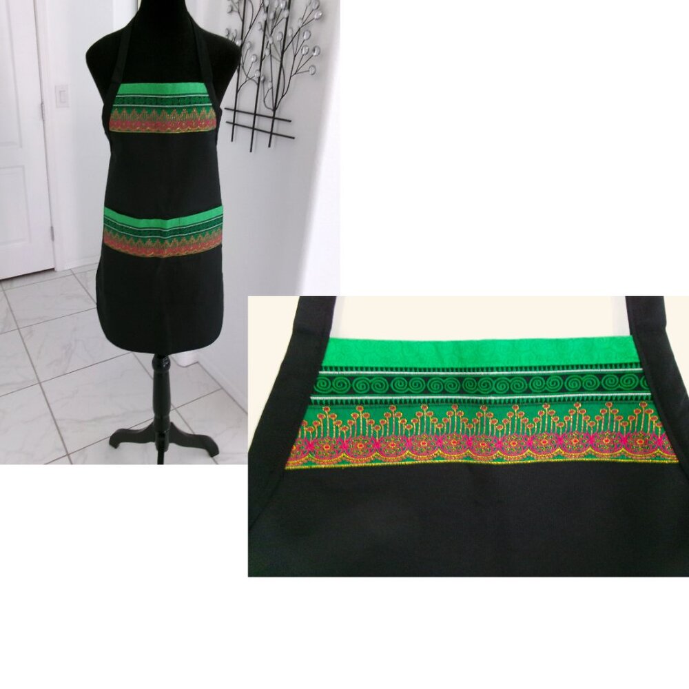 New Black Batik Green Gold Metallic Fuchsia Pink Over the Head Apron Pockets